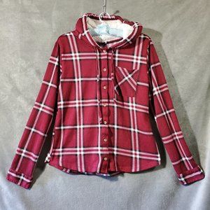 Rue 21 Button Down Long Sleeve Hooded Top Dark Cranberry Red Plaid Junio…